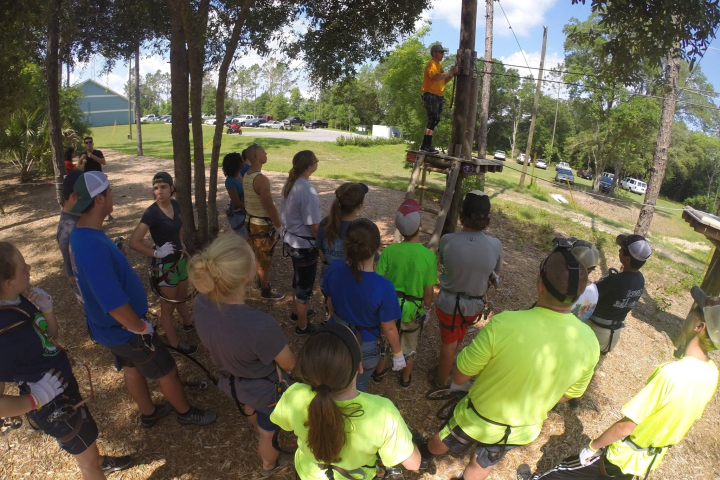 Group of people in climbing gear listening to instructor outdoors under trees.
