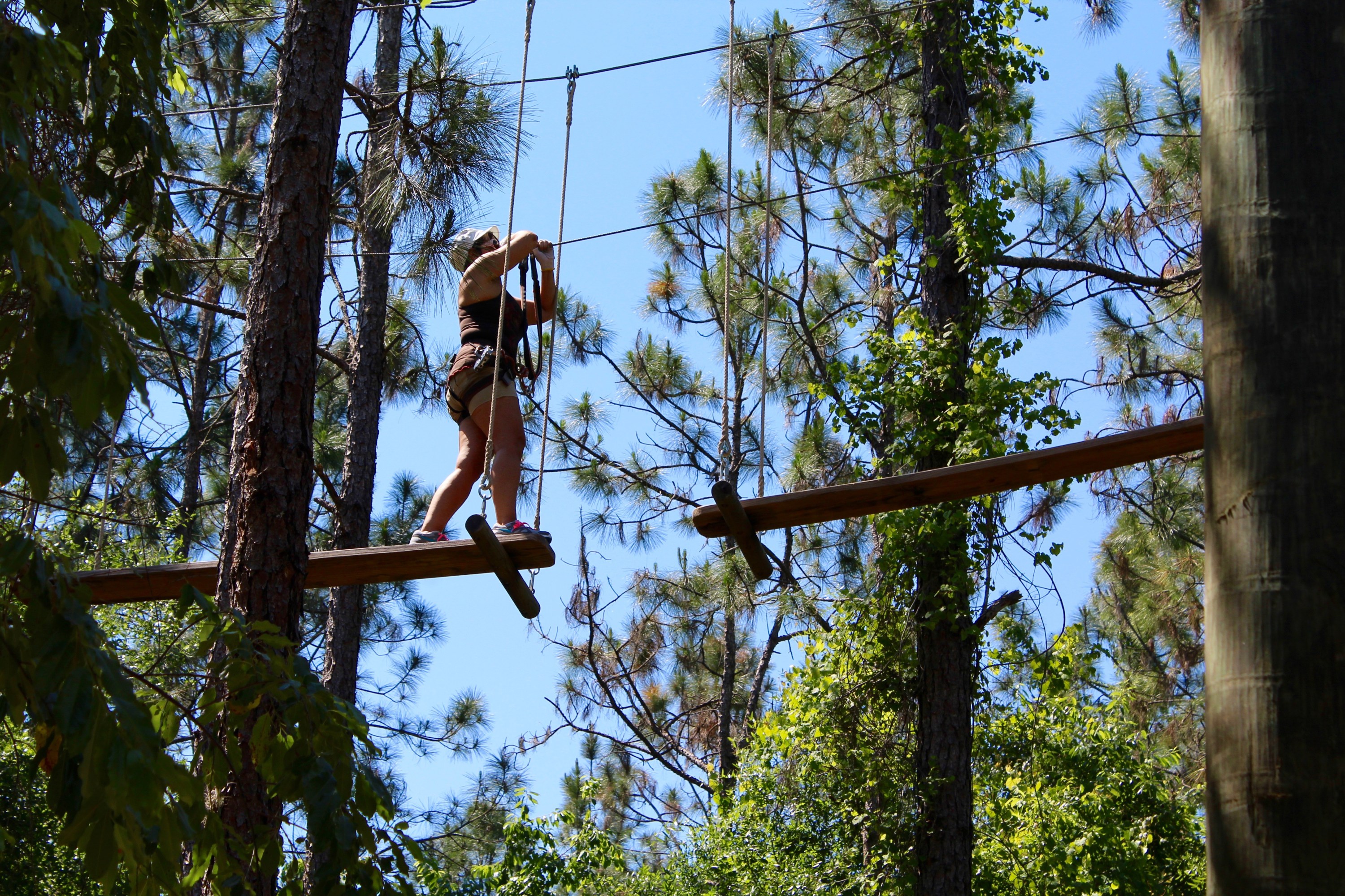 Person navigating a high ropes course between trees.