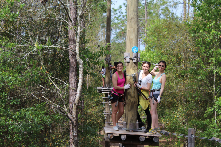 Three women in harnesses stand on a platform at a ropes course in a forest.